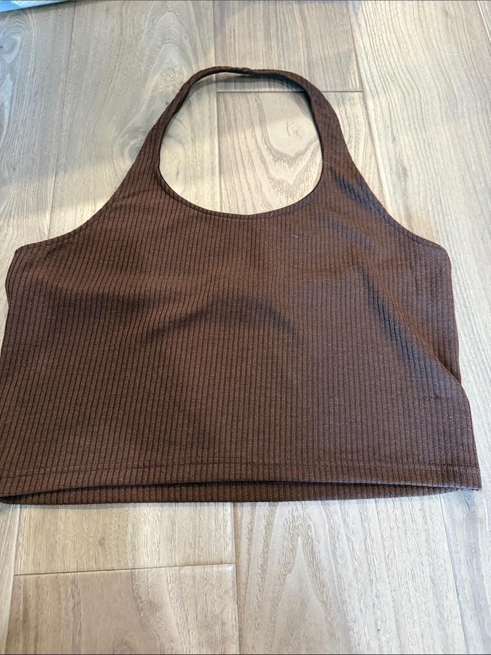 Divided Ribbed Halter Crop Top in Brown